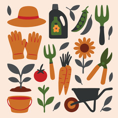 Gardening tools and plants displayed on a white background
