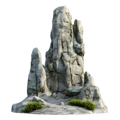 Obraz premium Majestic tall grey rock formation with moss and small green bushes isolated on transparent background