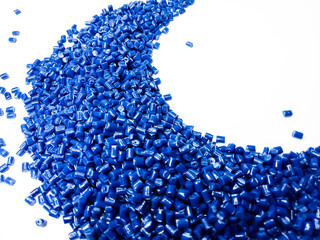 plastic masterbatch, blue masterbatch granules as virgin polymer resin pigment, poured into white...