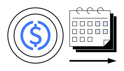 Coin with dollar sign next to calendar and arrow indicating progression. Ideal for finance, savings, budgeting, payment plans, time management, investments, and economic forecasts. Simple flat