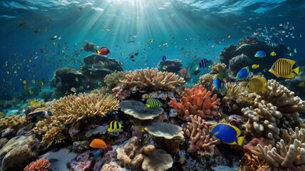 Underwater Coral Reef Landscape with Sunbeams and Fish