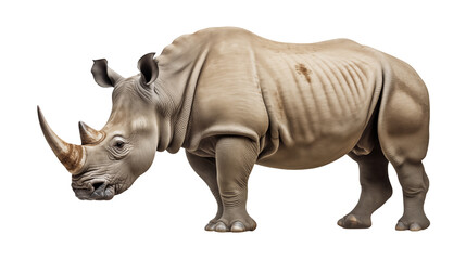 Fototapeta premium Majestic rhinoceros stands with imposing horn against a transparent background.