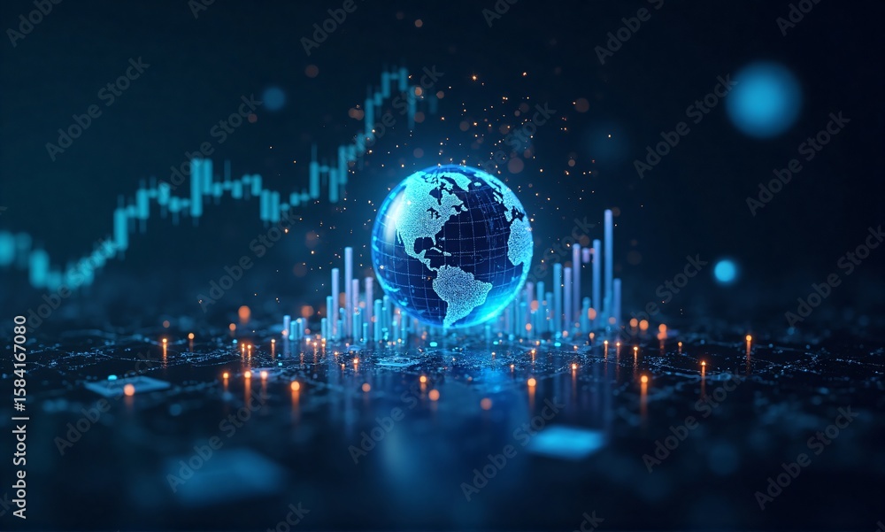 Poster a glowing digital globe sits amidst dynamic data visualizations, showcasing global connectivity and 