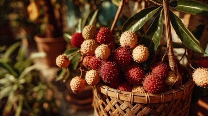 Obraz premium A woven basket overflows with ripe red and yellow lychees lush green leaves and warm sunlight