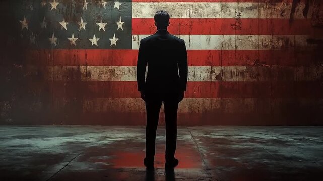 A man stands in solemn reflection before the American flag.