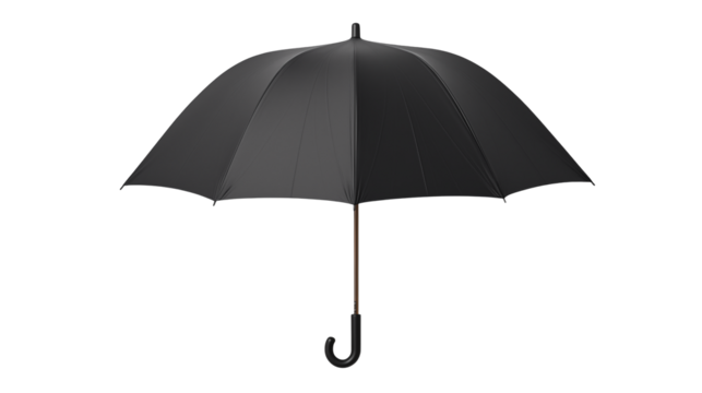 Dark parasol featuring a curved handle protects from rain, isolated on transparent background