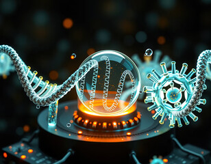 Quantum computers, nanotech, and bioinformatics linked by glowing neural nets. AI Generated