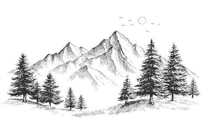 Black and White Mountain Landscape Sketch