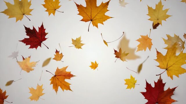 Colorful autumn maple leaves (red, orange, and yellow) falling gently in slow motion against a clean white background