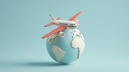 Fototapeta premium airplane flying over a world, minimal 3d cartoon render style