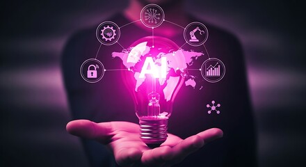 Glowing lightbulb with A I and global network artificial intelligence