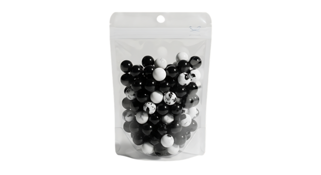Black white speckled marbles in clear pouch image
