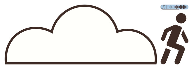 Simplified person ascending steps toward a cloud shape next to audio icon. Ideal for technology, progress, cloud computing, digital transformation, communication, ambition, education. A simple flat