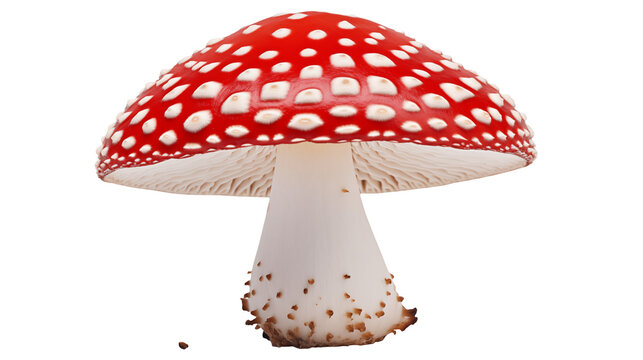 Striking fly agaric mushroom features a vibrant red cap dotted with white spots  isolated on transparent background
