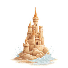 Sand castle, fairy palace watercolor illustration