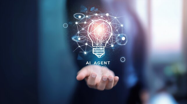 An AI agent acts as a virtual assistant, for support as an AGI artificial general intelligence representative symbolizing agentic robot autonomy, and humanoid superintelligence technology