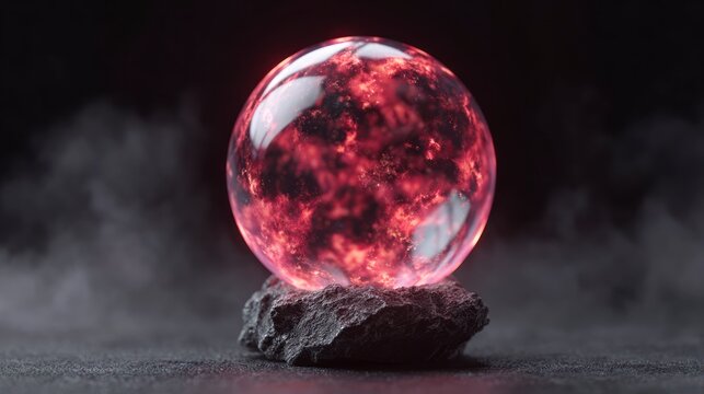 Glowing red orb with fiery internal texture resting on dark rough stone with wisps of smoke