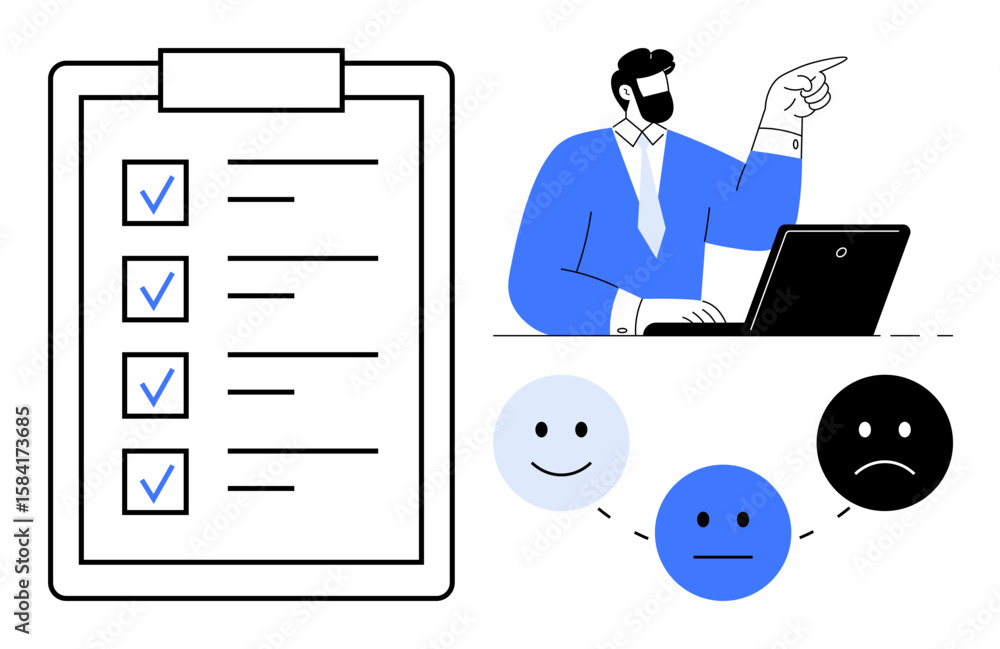 Poster man evaluating a checklist on a clipboard alongside feedback emoticons showing satisfaction levels. 