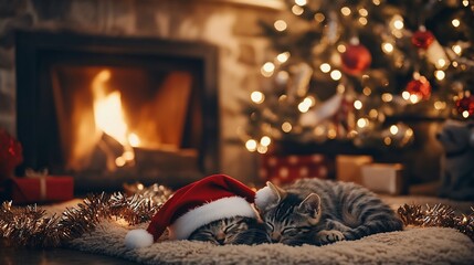 Kittens napping under Santa hat near fireplace during christmas holidays