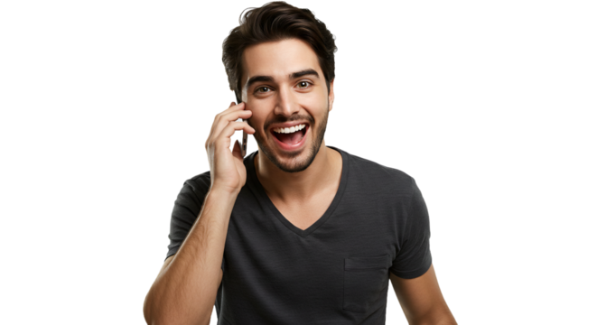 Young man celebrating on the phone while standing and talking to his girlfriend