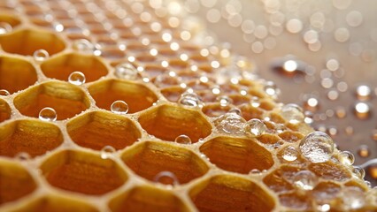 Honeycomb macro with dew droplets: fresh morning texture
