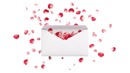 White envelope with rose petals floating  isolated on transparent background