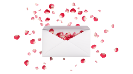 White envelope with rose petals floating  isolated on transparent background