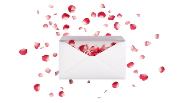 White envelope with rose petals floating isolated on transparent background