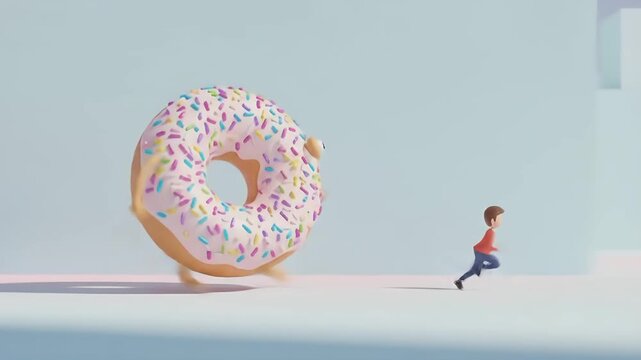 Donut chase: A miniature figure of a child is comically pursued by an outsized donut with colorful sprinkles and pink frosting, set against a minimalist backdrop.