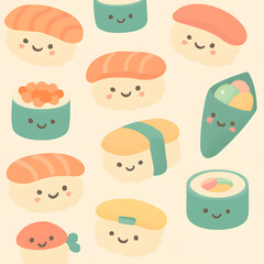 Seamless digital pattern in a cute, kawaii style, with Sushi roll