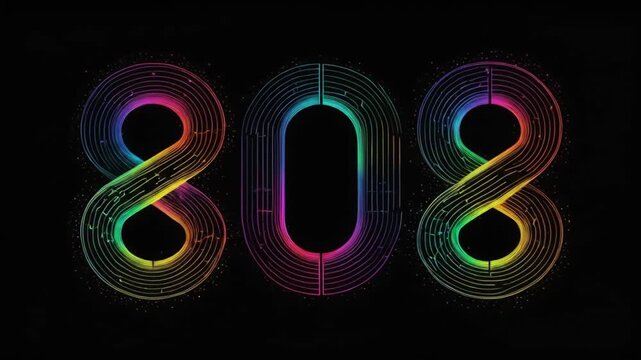 Abstract 808 Number Animation in Rainbow Colors on Black Background, Loopable