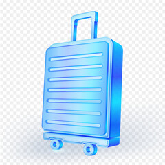 3D glossy blue luggage icon with wheels and handle, isolated on a transparent background. Perfect for travel, vacation, or transportation concepts. Vector illustration.