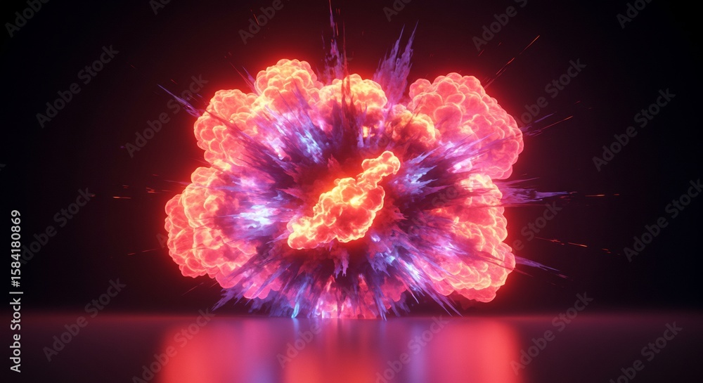 Poster dynamic red and blue explosion with cloud-like formations on reflective surface