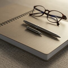 Fototapeta premium A notebook, pen, and eyeglasses rest on a textured surface, ready for writing.
