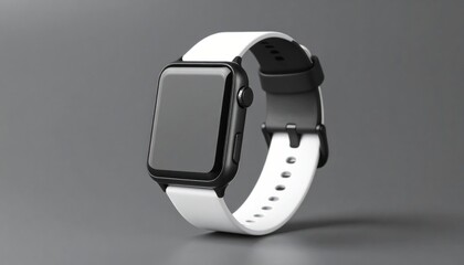 Sleek black smart watch with a white band.  Studio shot