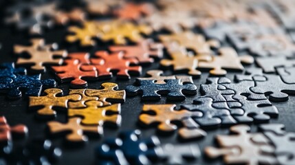 Close-up of many colorful jigsaw puzzle pieces on a dark surface