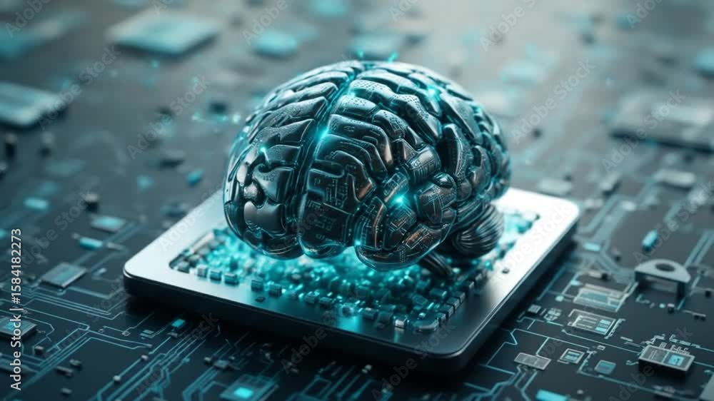 Poster advanced ai brain interface on circuit board: futuristic technology concept animation