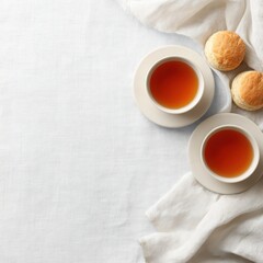 Warm tea in cups with baked cookies on white cloth background perfect for breakfast or snack time