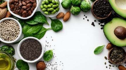 Fresh green vegetables various nuts seeds healthy superfood ingredients for balanced diet and nutrition