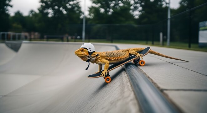 Epic Skateboarding Lizard in a Helmet Rides a Half-Pipe, Showcasing Unique Talent and Daring Reptilian Adventure