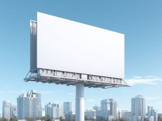 Large empty blank billboard sign on tall pole overlooking cityscape with modern buildings under blue sky