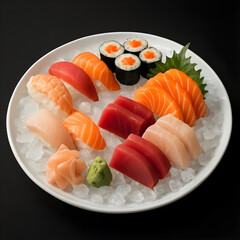 Assorted Sushi and Sashimi Platter on Ice. black background