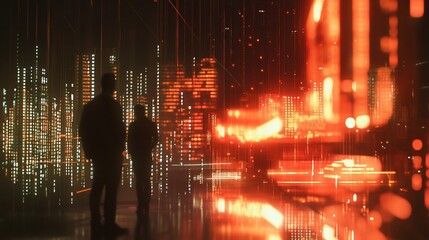 Futuristic cityscape with digital architecture and human silhouettes