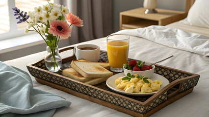 Breakfast tray with scrambled eggs toast orange juice and flowers on bed