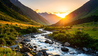 Serene Sunset Over Mountain River Valley