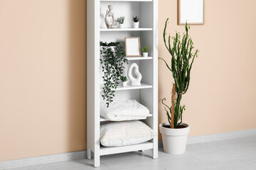 Stylish room with picture frame , shelving unit and houseplants near beige wall