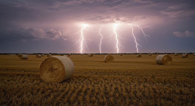 lightning sky | A dramatic thunderstorm illuminates a vast field of golden hay bales, with striking lightning bolts cutting through the dark clouds in the background, showcasing nature's power - Powered by Adobe