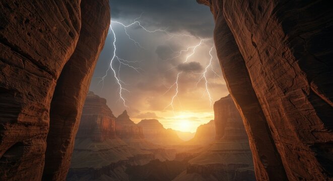 lightning sky | Dramatic sunset over canyon landscape illuminated by lightning, showcasing rugged cliffs and stormy skies, creating a breathtaking natural scene for travel enthusiasts