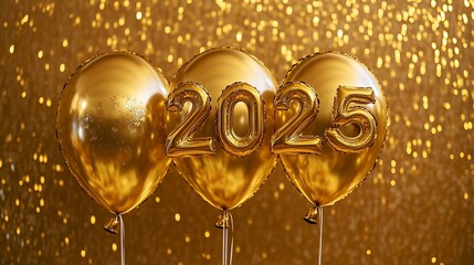 Elegant golden balloons displaying the date 2025 against a shimmering backdrop