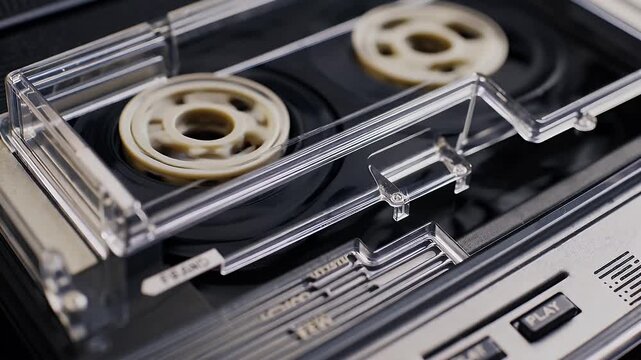 nostalgic looped animation of cassette tapes rewinding and fast forwarding inside a retro deck player symbolizing the golden era of analog music and iconic sound recording formats of the past